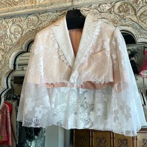 Blush pink and white lace wedding bridal floral cape jacket